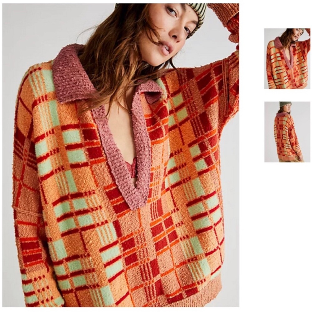 NWT Free People Ruben V-Neck Sweater in Autumn Sunset Combo